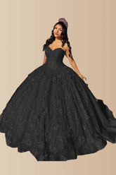 Dorothy | Gorgeous Glitter Red 3D Flower Quinceanera Dresses - Available in Fuchsia, Navy Blue, Royal Blue & Black! - Black - PromDressClub